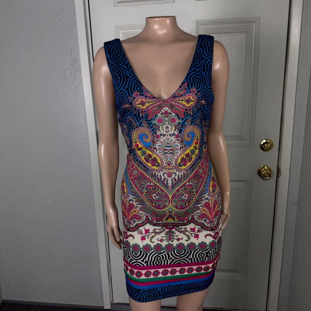 Vintage Y2K Bebe Mini Dress Small V neck Boho Polyester Floral Stretch USA K12